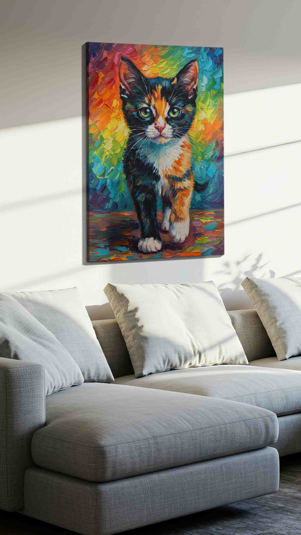 Whiskered Kaleidoscope Dream cats canvas print, displayed in a living room