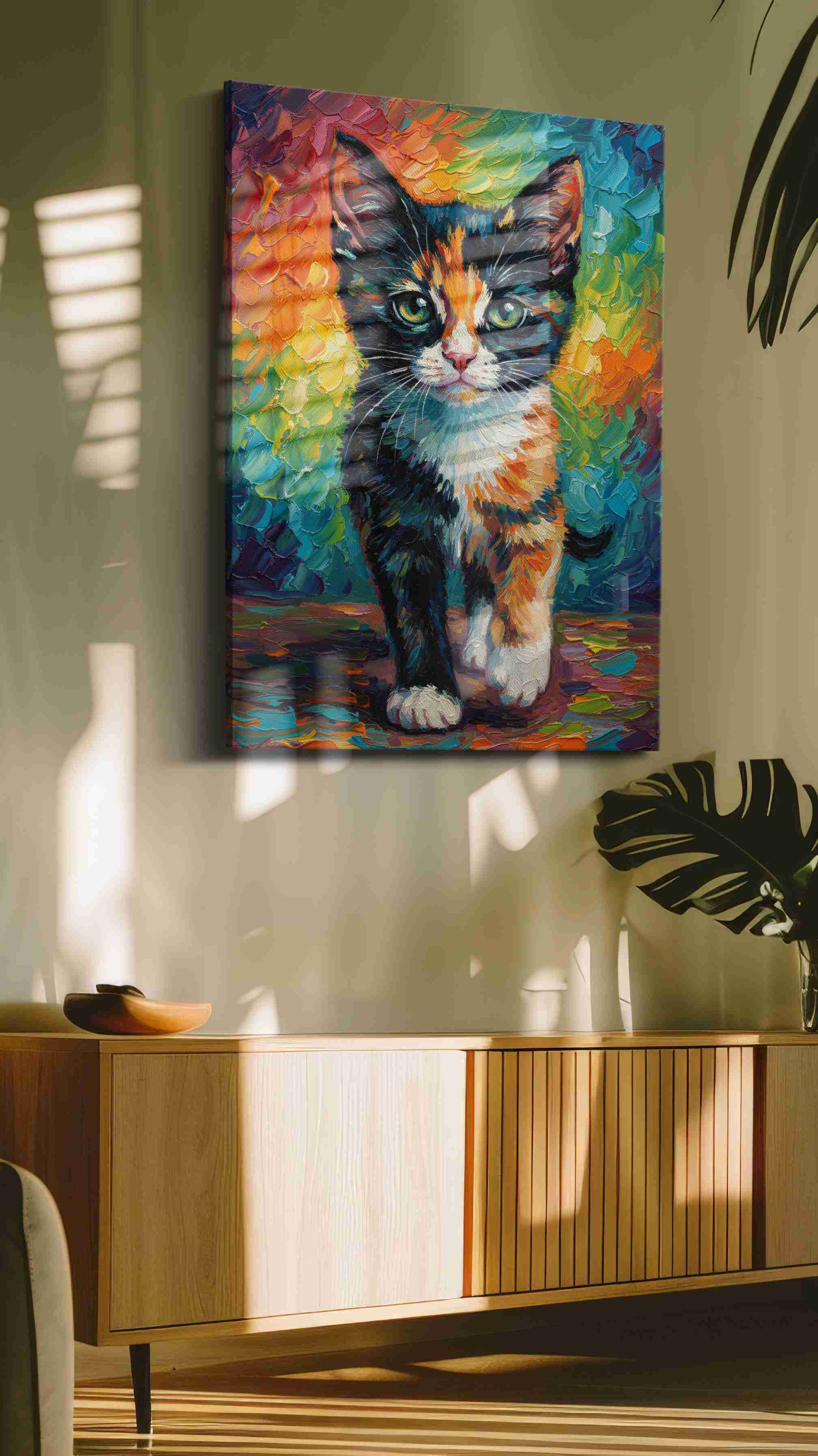 Whiskered Kaleidoscope Dream cats canvas print, hanging on wall
