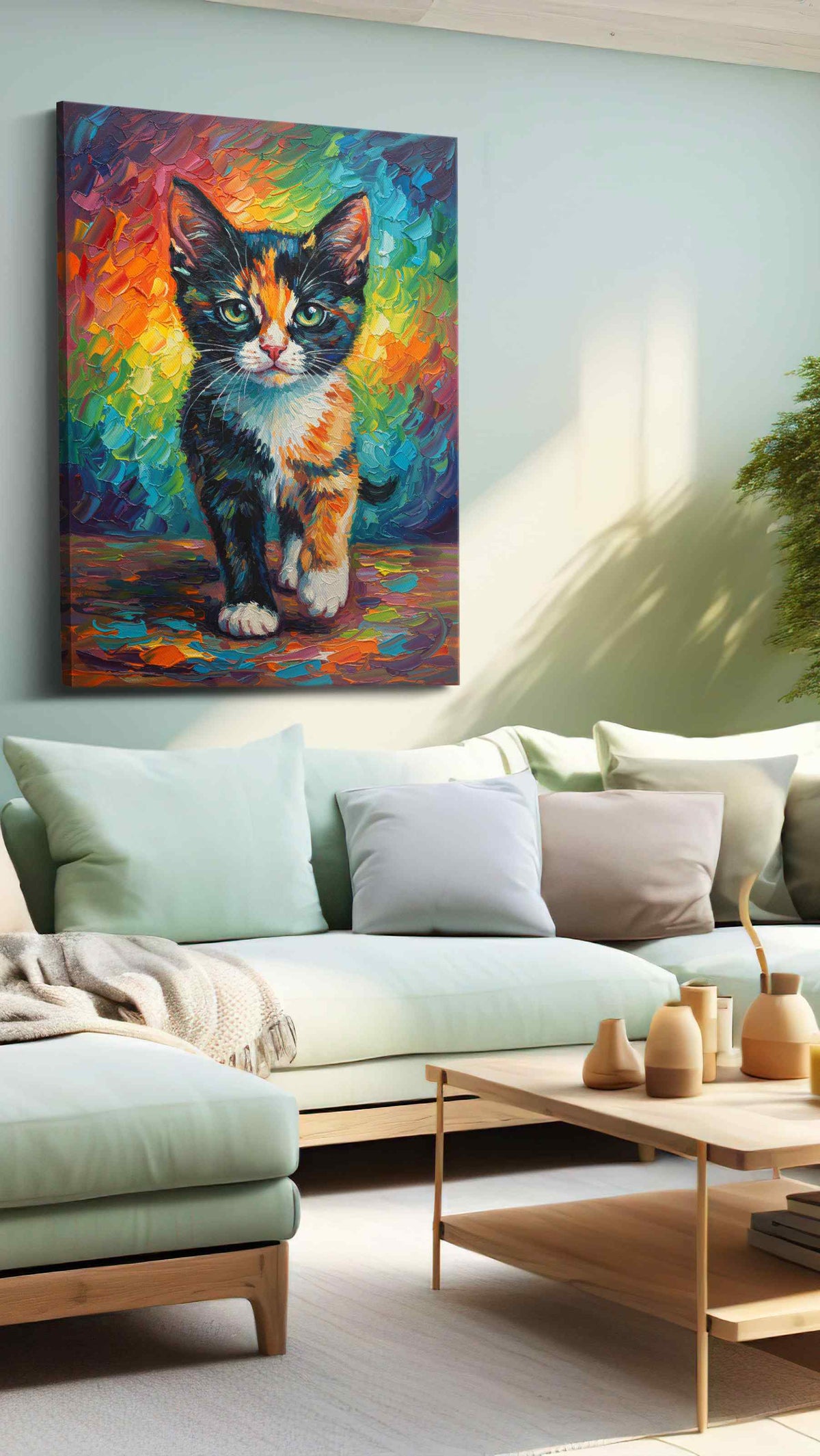 Whiskered Kaleidoscope Dream cats canvas print shown in a wall scene