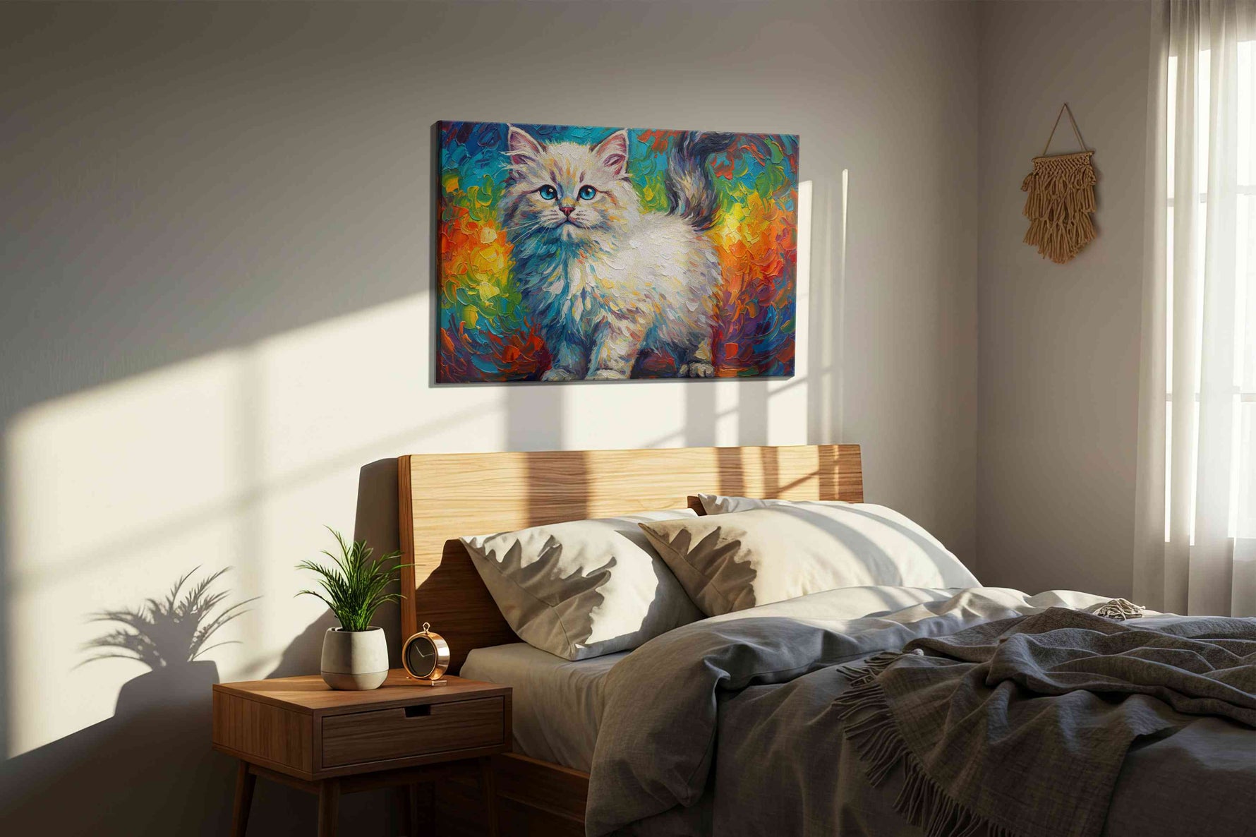 Whiskers Amidst the Rainbow cats canvas print, displayed in a bedroom