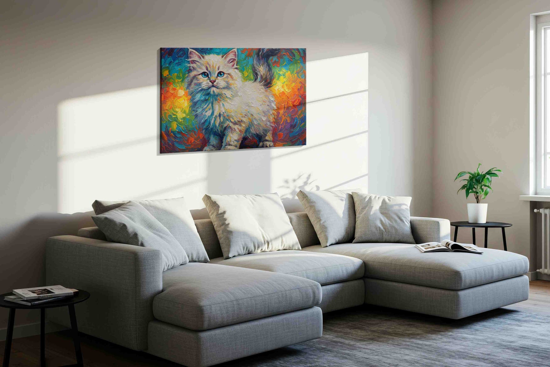 Whiskers Amidst the Rainbow cats canvas print, displayed in a living room