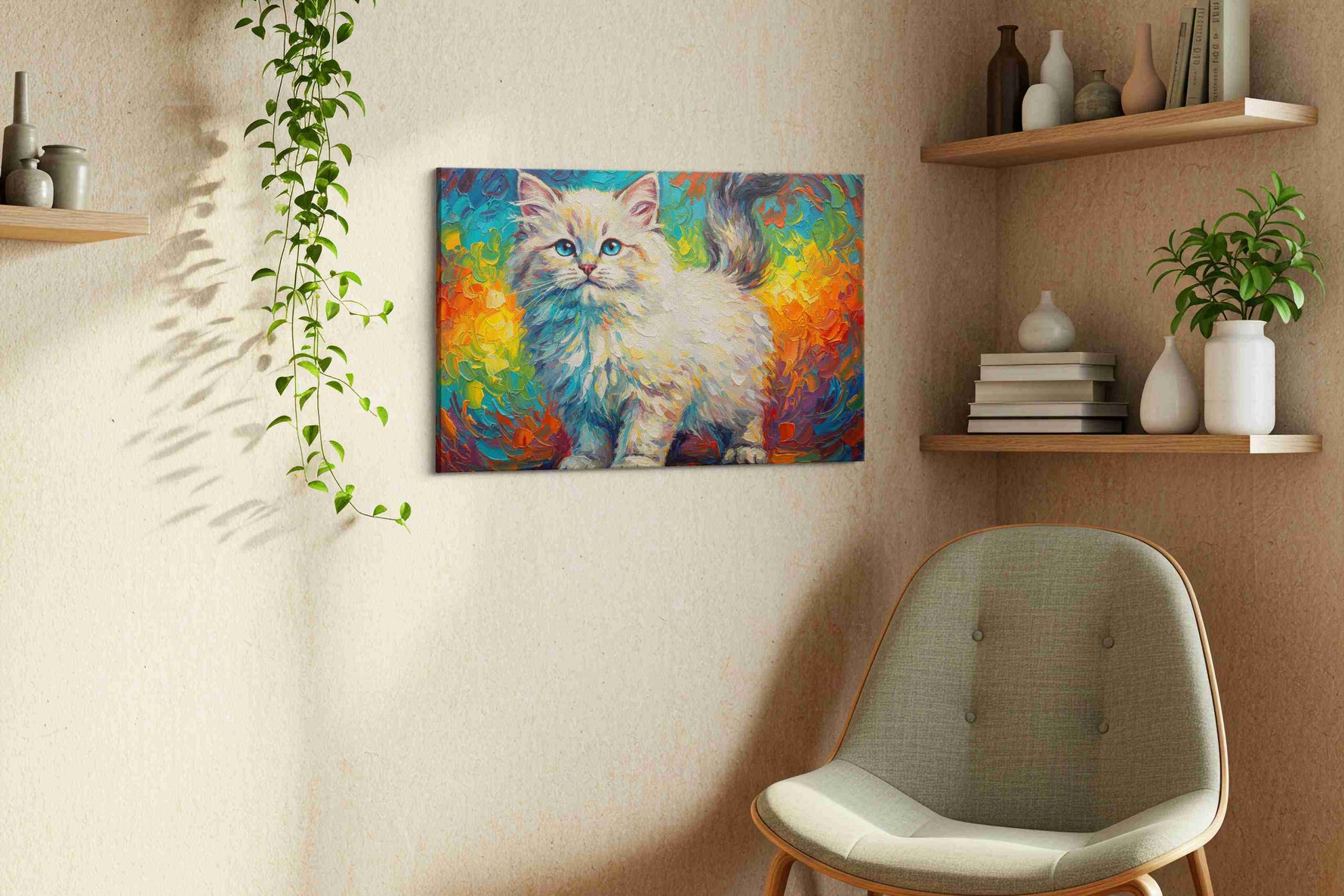Whiskers Amidst the Rainbow cats canvas print, hanging on wall — view 2