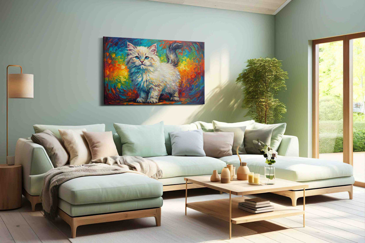Whiskers Amidst the Rainbow cats canvas print shown in a wall scene