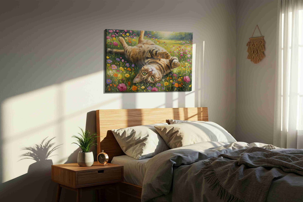 Whiskers in Bloom cats canvas print, displayed in a bedroom