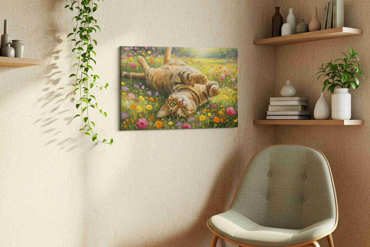 Whiskers in Bloom cats canvas print, displayed in a living room