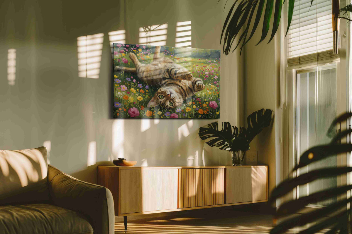 Whiskers in Bloom cats canvas print, on wall, lifestyle preview