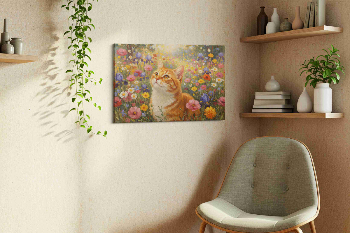 Whiskers in Bloomland cats canvas print styled in a living room