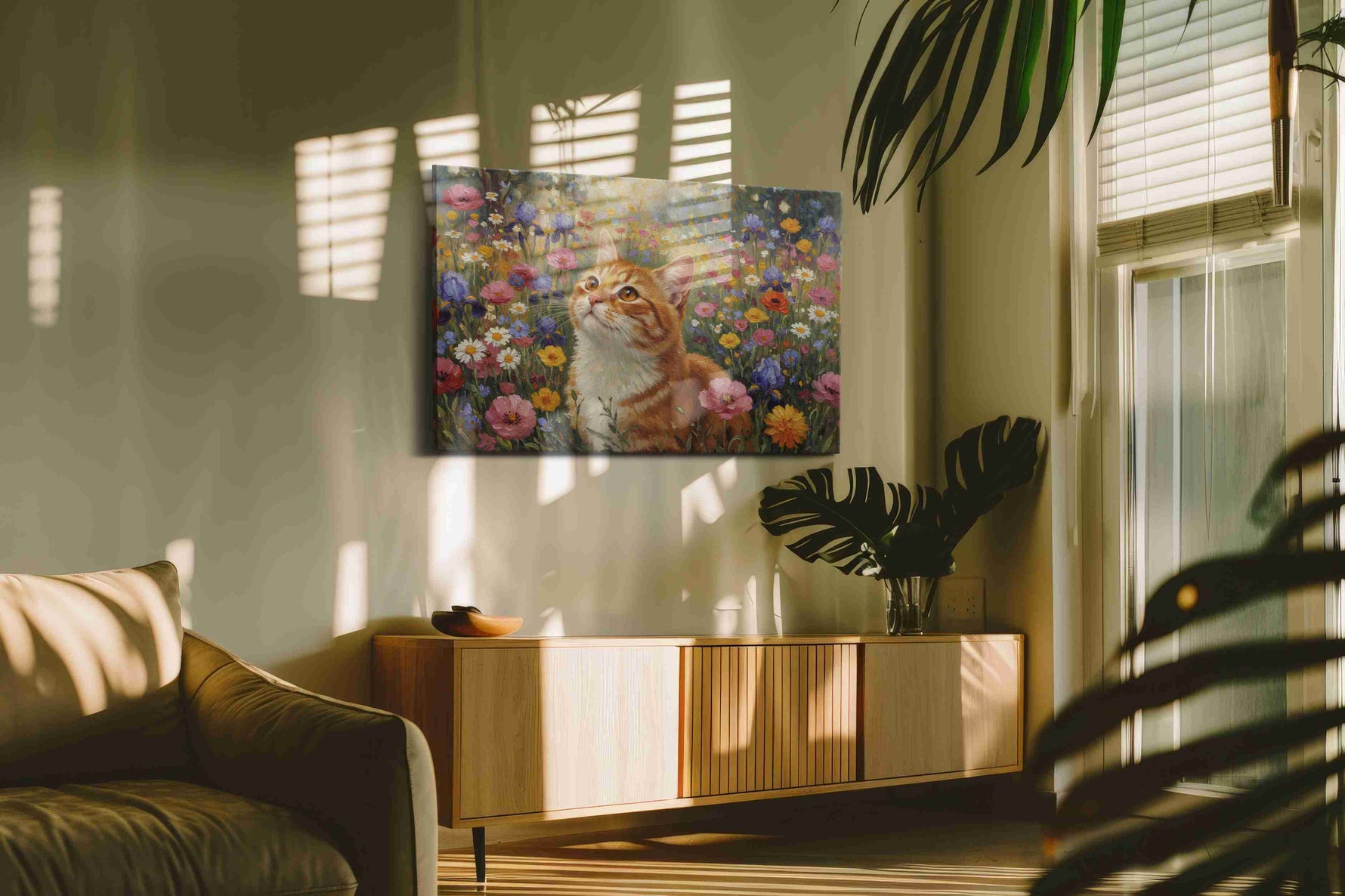 Whiskers in Bloomland cats canvas print, on wall, lifestyle preview