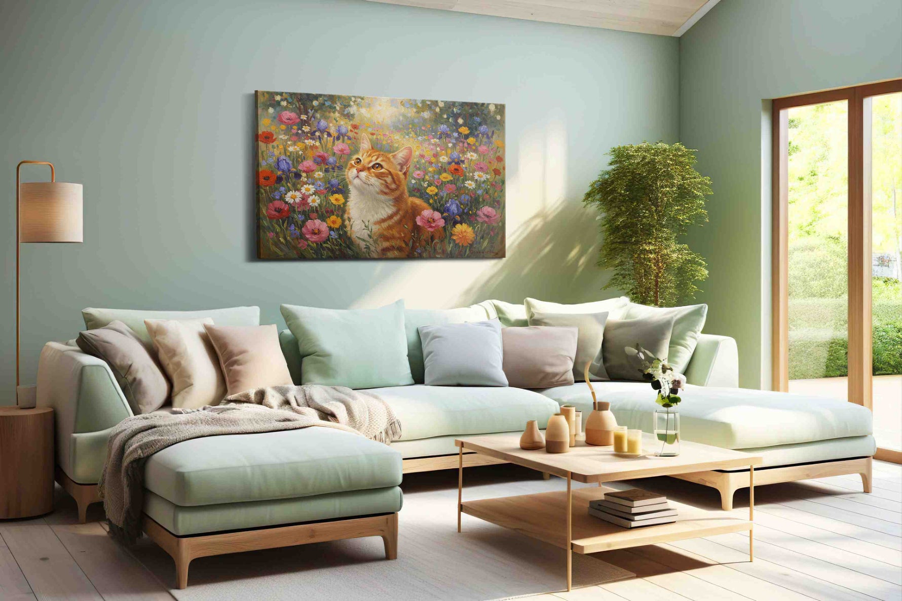Whiskers in Bloomland cats canvas print, hanging on wall