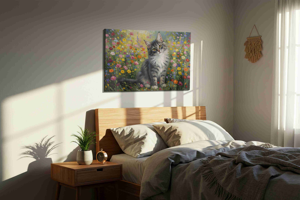 Whiskers in Wildflowers cats canvas print, displayed in a bedroom
