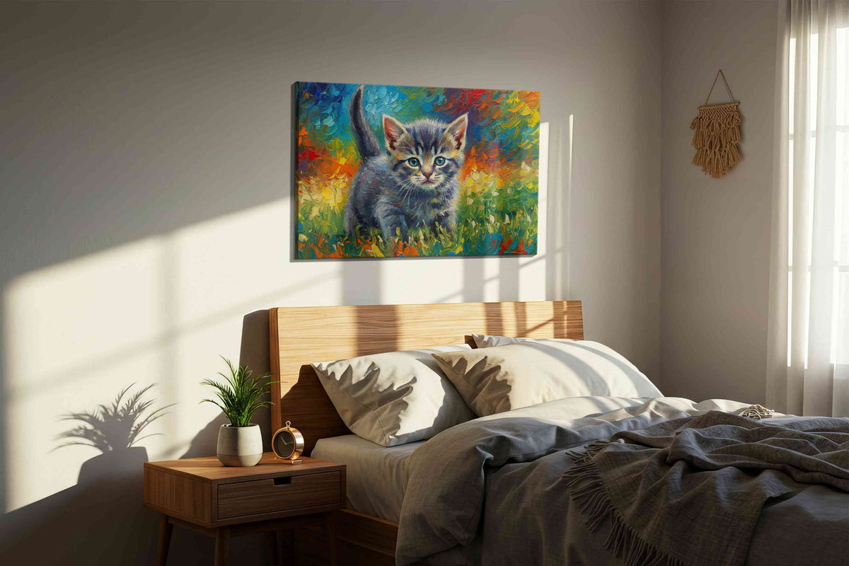 Whiskers in Wonderland cats canvas print, displayed in a bedroom