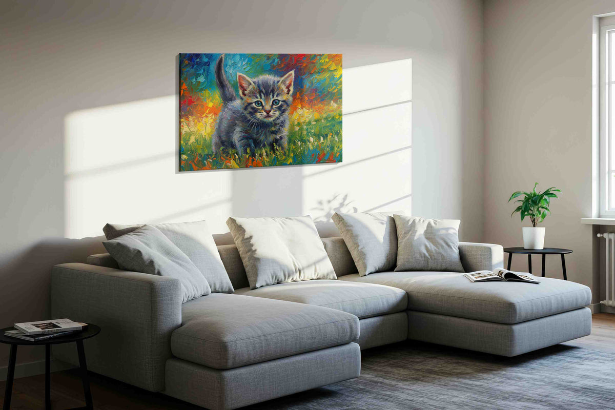 Whiskers in Wonderland cats canvas print, displayed in a living room