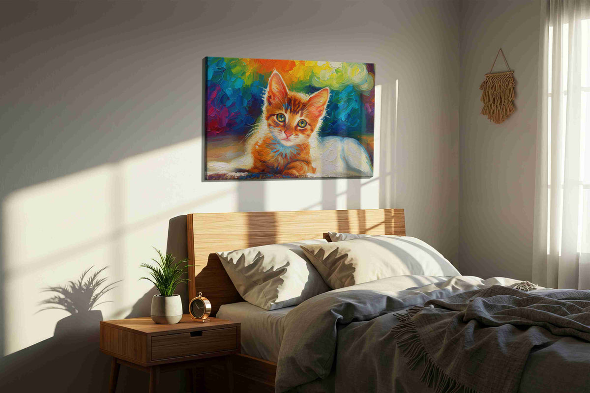 Whiskers in Wonderland II cats canvas print, displayed in a bedroom