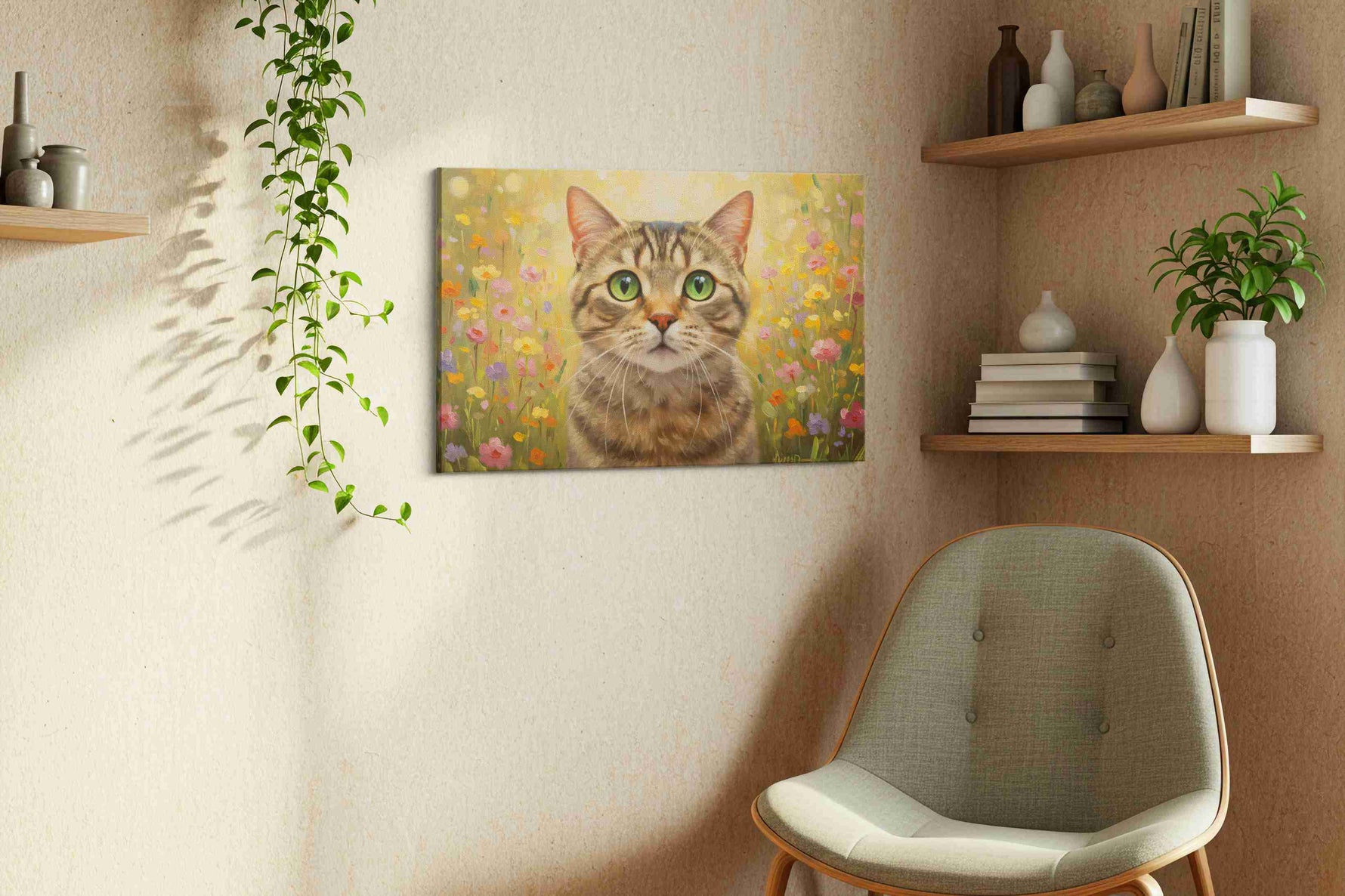 Whiskers in a Wildflower Dream cats canvas print, hanging on wall