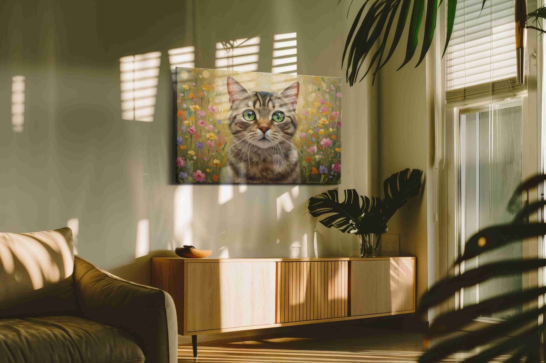 Whiskers in a Wildflower Dream cats canvas print, hanging on wall — in a hung canvas mockup