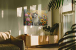 Whiskers in the Wildflowers cats canvas print in a hung canvas mockup