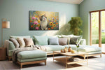 Whiskers in the Wildflowers cats canvas print shown in a wall scene