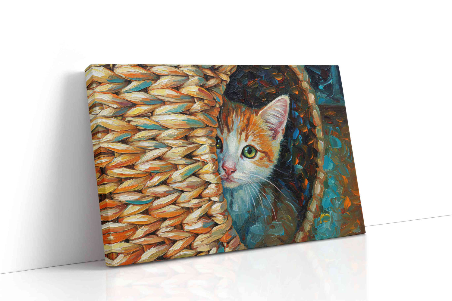 Whiskers in the Woven Hideout cats canvas print, gallery-wrapped, ready to hang