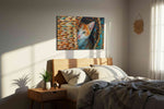 Whiskers in the Woven Hideout cats canvas print, displayed in a bedroom
