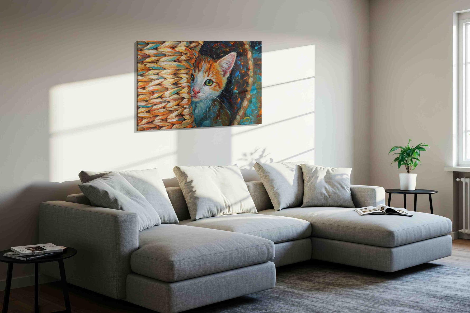 Whiskers in the Woven Hideout cats canvas print, displayed in a living room