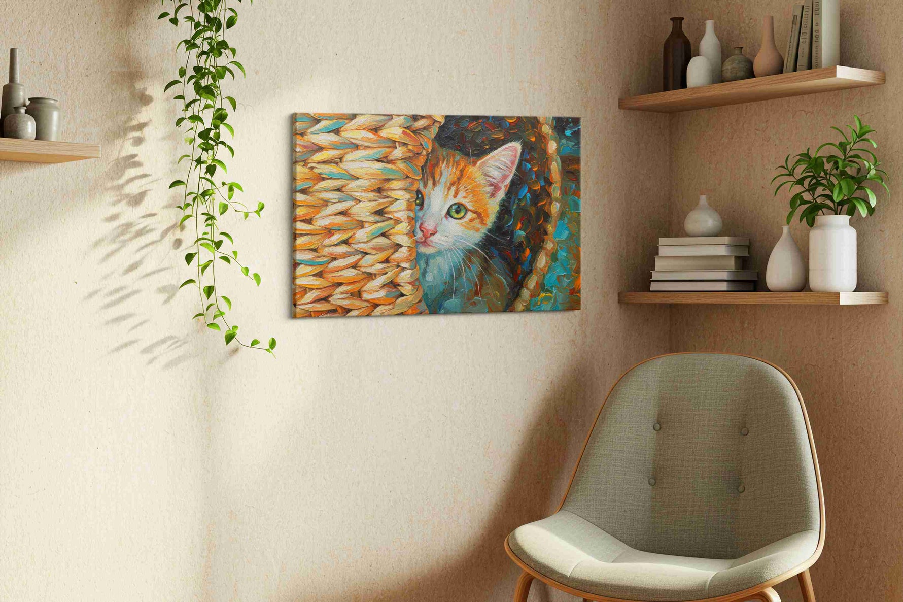 Whiskers in the Woven Hideout cats canvas print, hanging on wall — view 3