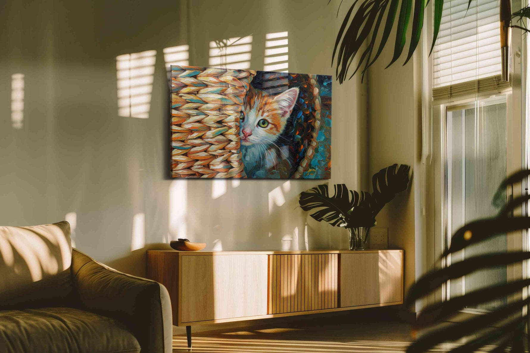 Whiskers in the Woven Hideout cats canvas print in a hung canvas mockup