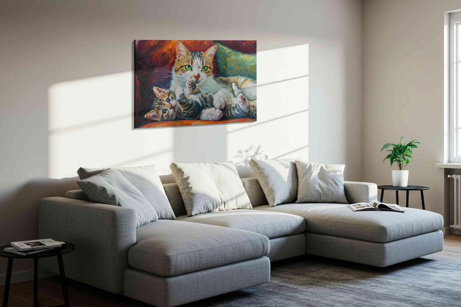 Whiskers of Warmth cats canvas print, displayed in a living room