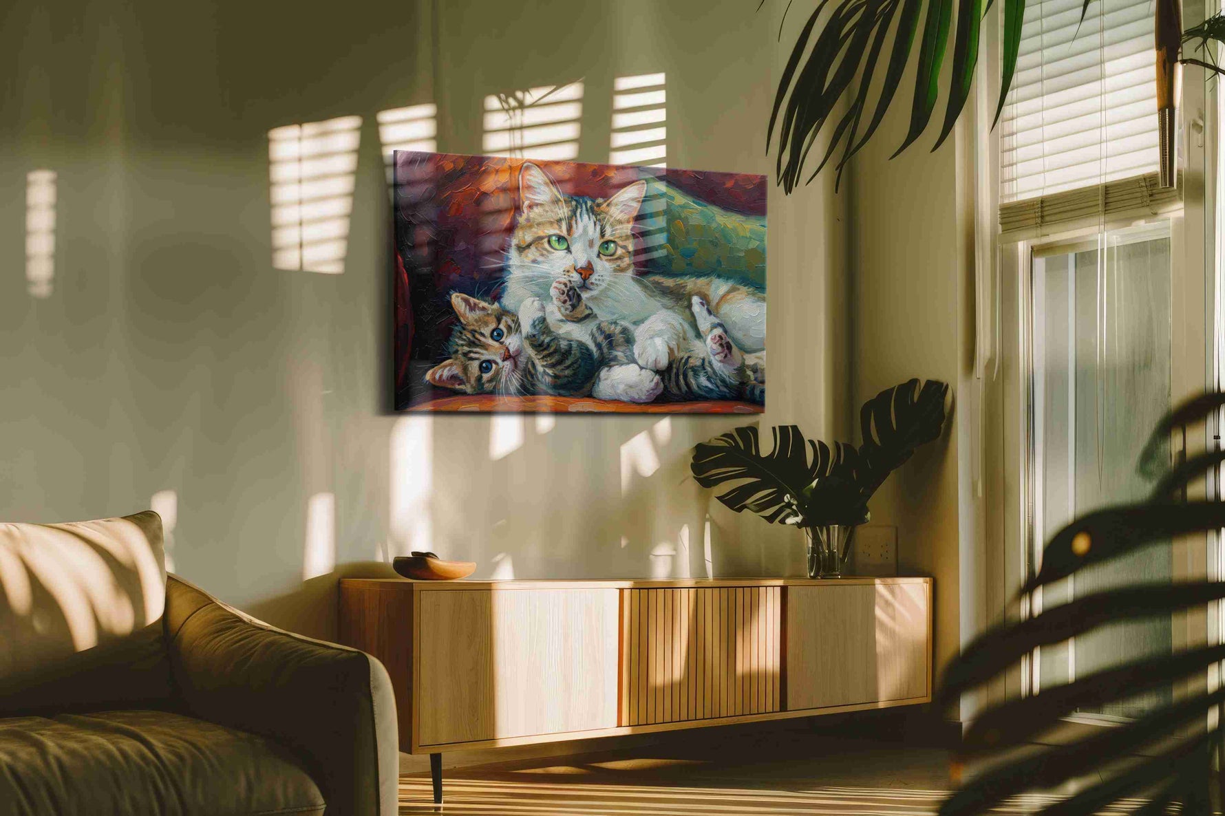 Whiskers of Warmth cats canvas print, on wall, lifestyle preview