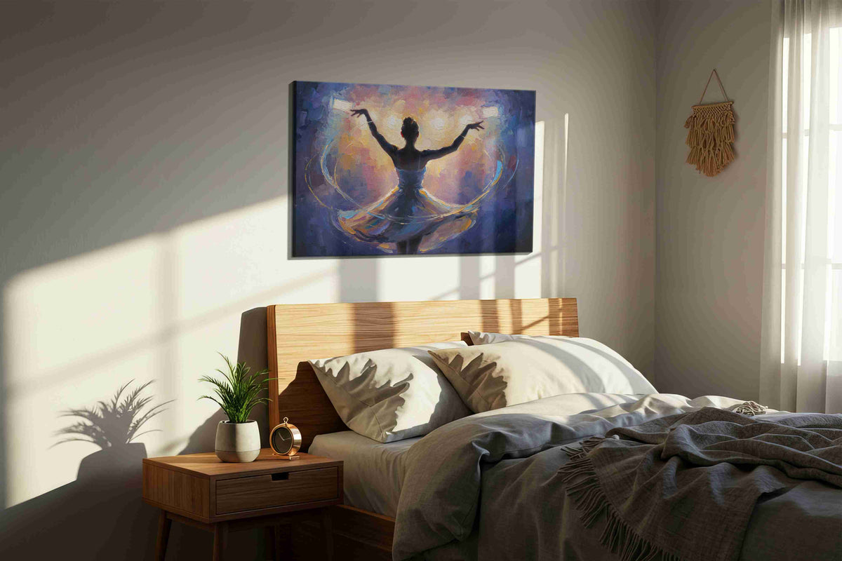Dance of Luminescence dancing canvas print, displayed in a bedroom