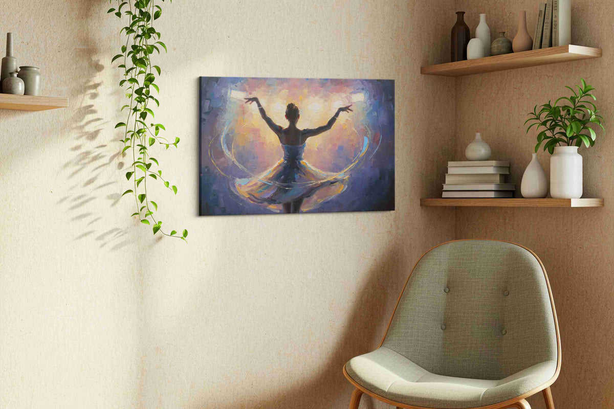 Dance of Luminescence dancing canvas print, displayed in a living room