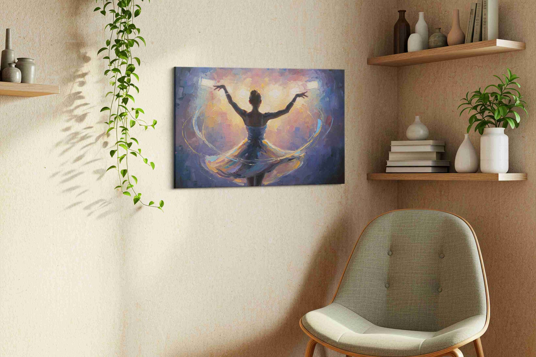 Dance of Luminescence dancing canvas print, displayed in a living room