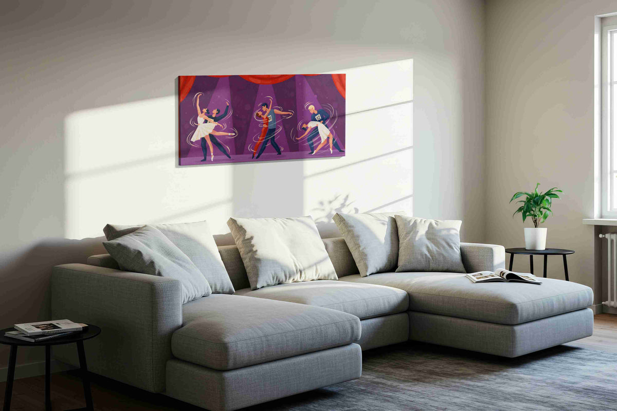 Dance of Whirling Elegance dancing canvas print, displayed in a living room
