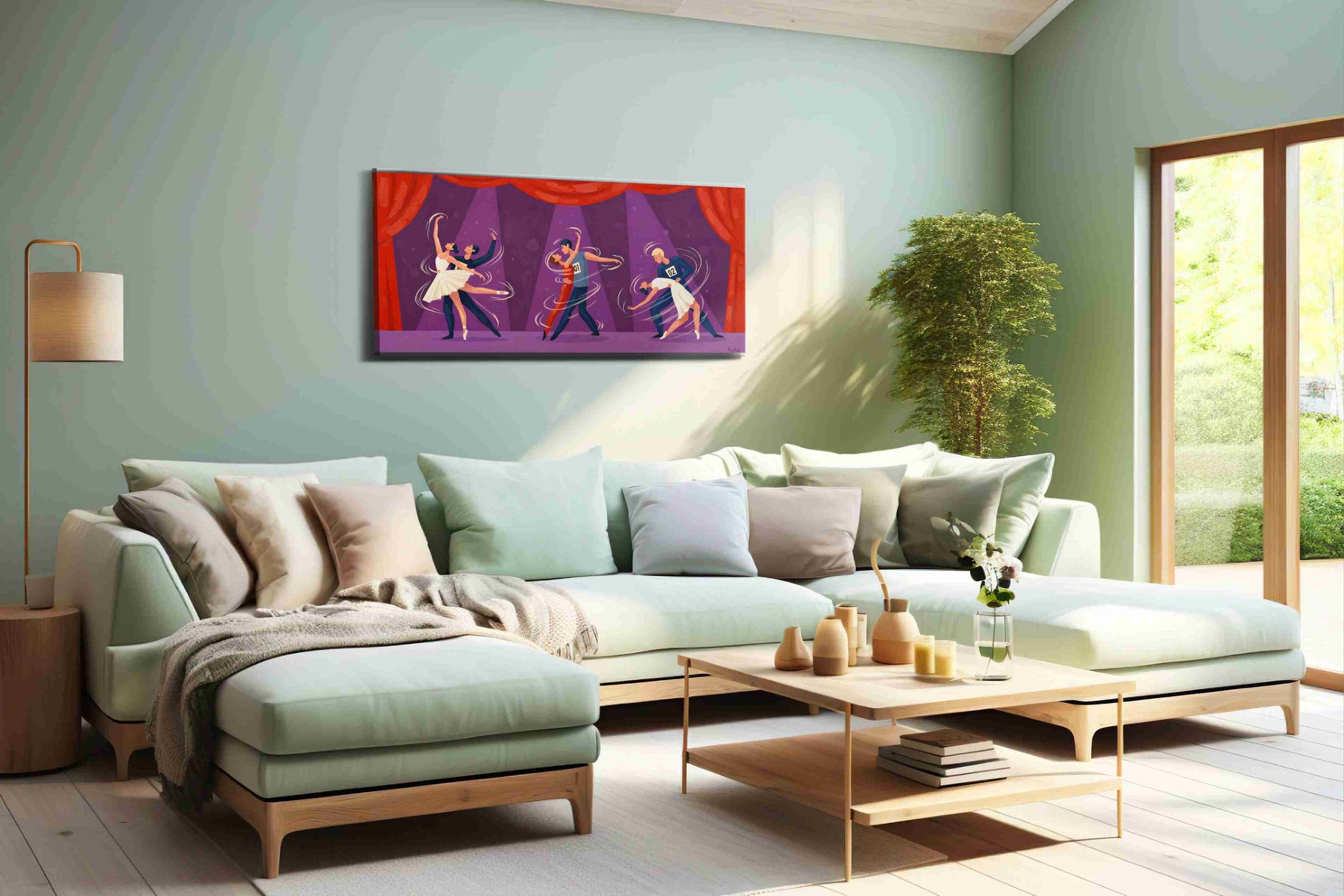 Dance of Whirling Elegance dancing canvas print shown in a wall scene