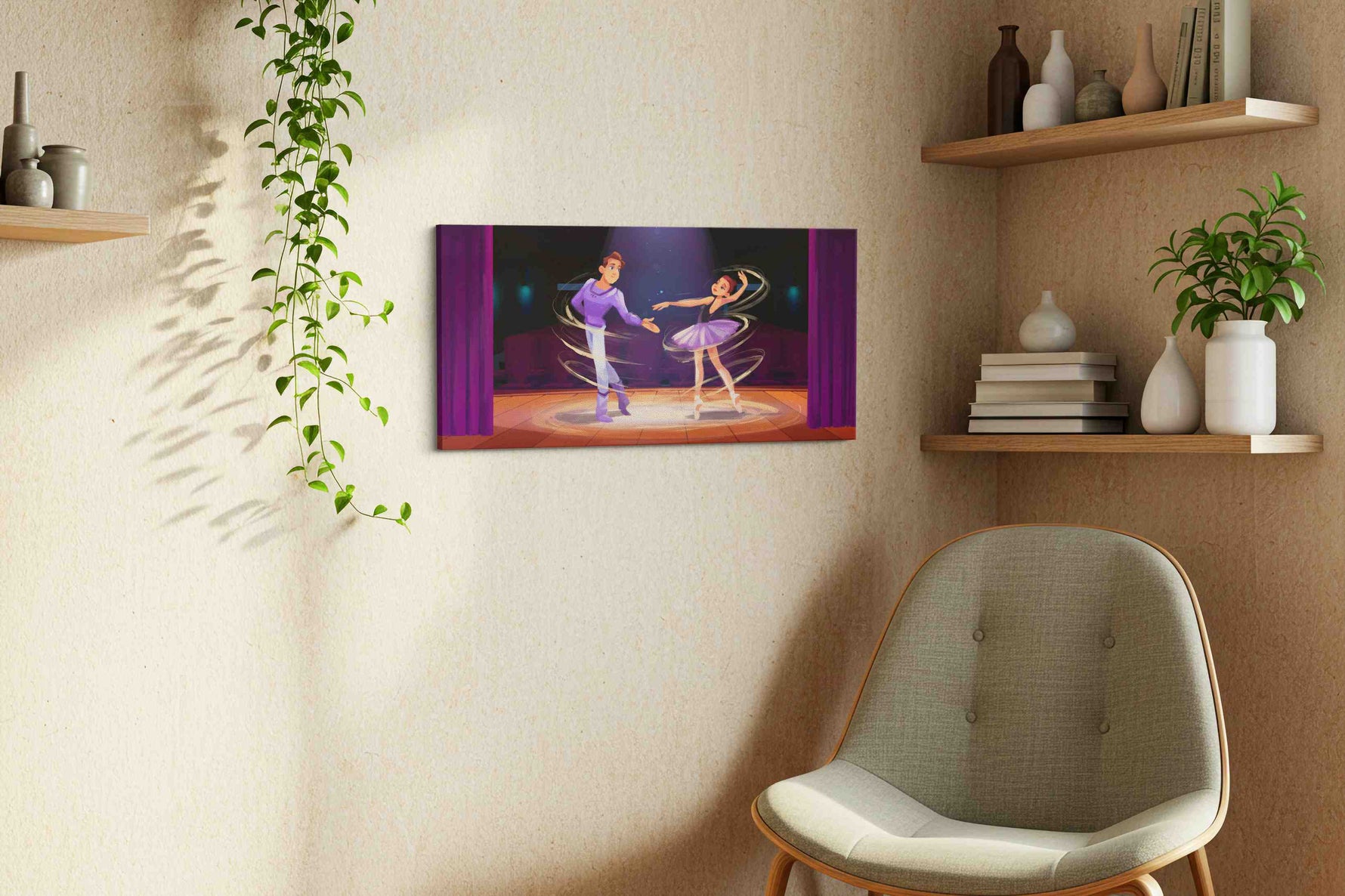 Enchanted Ballet Duet dancing canvas print, displayed in a living room
