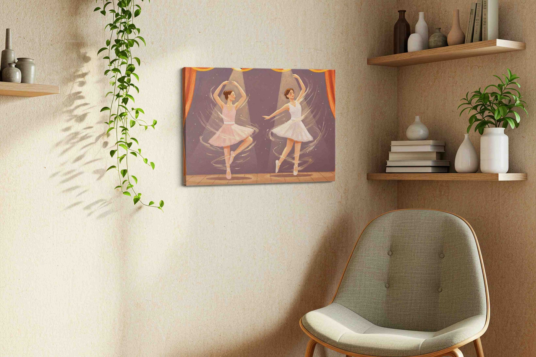 Enchanted Ballet Whirl II dancing canvas print styled in a living room
