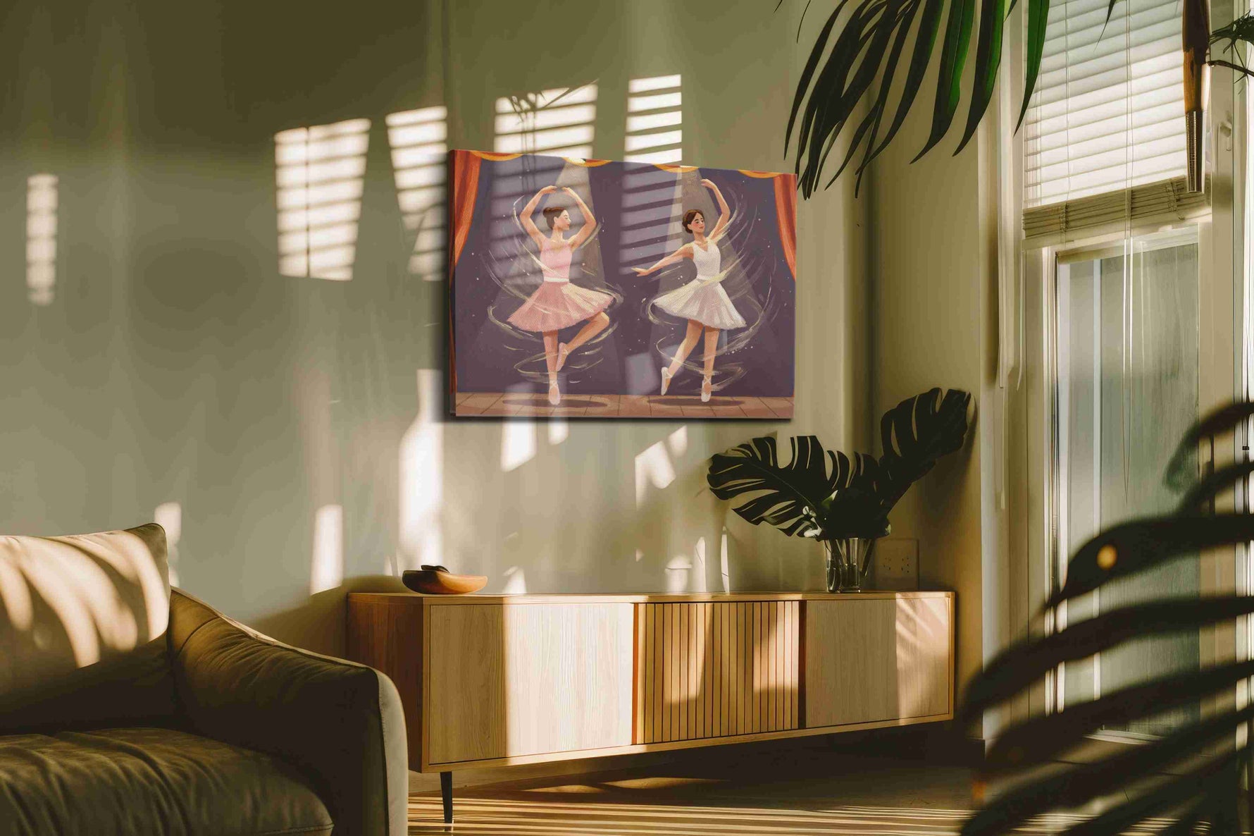 Enchanted Ballet Whirl II dancing canvas print in a hung canvas mockup