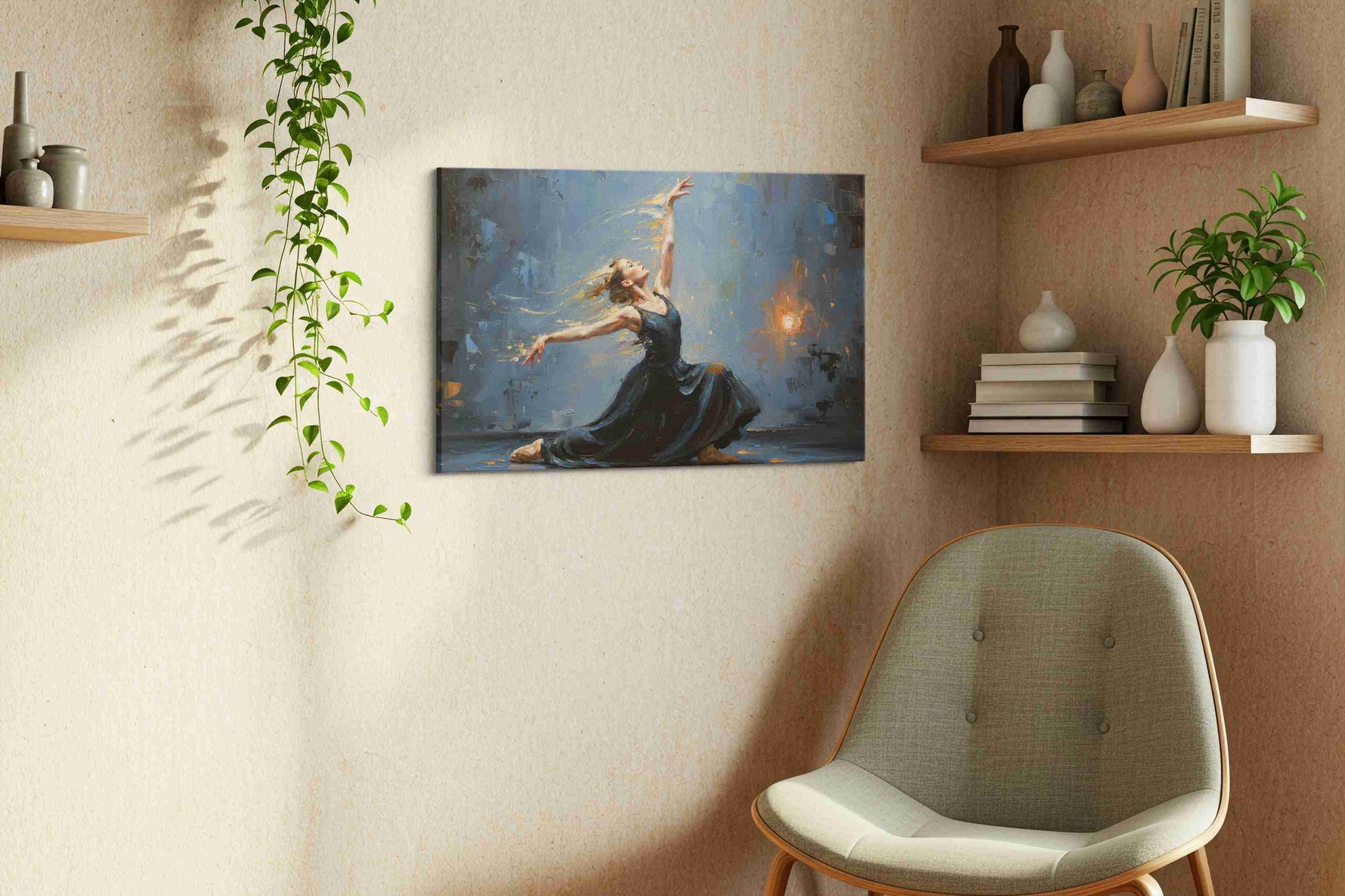 Ephemeral Grace dancing canvas print, displayed in a living room