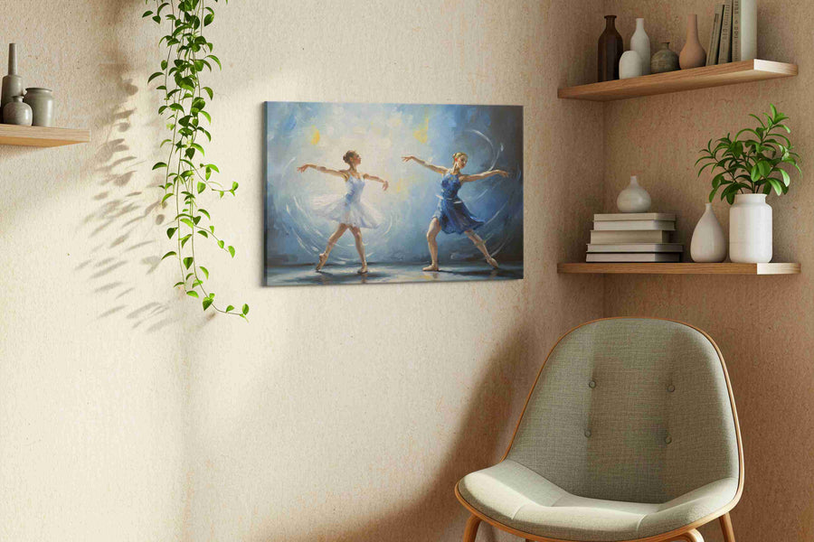 Ethereal Ballet Dreams dancing canvas print styled in a living room