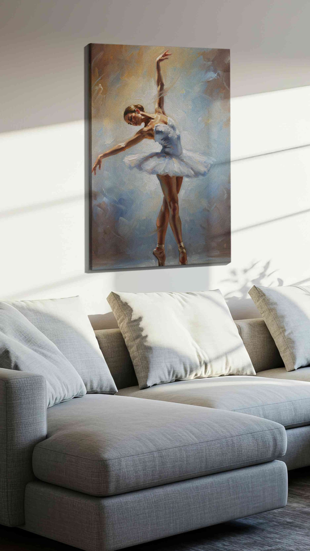 Ethereal Ballet Grace dancing canvas print, displayed in a living room