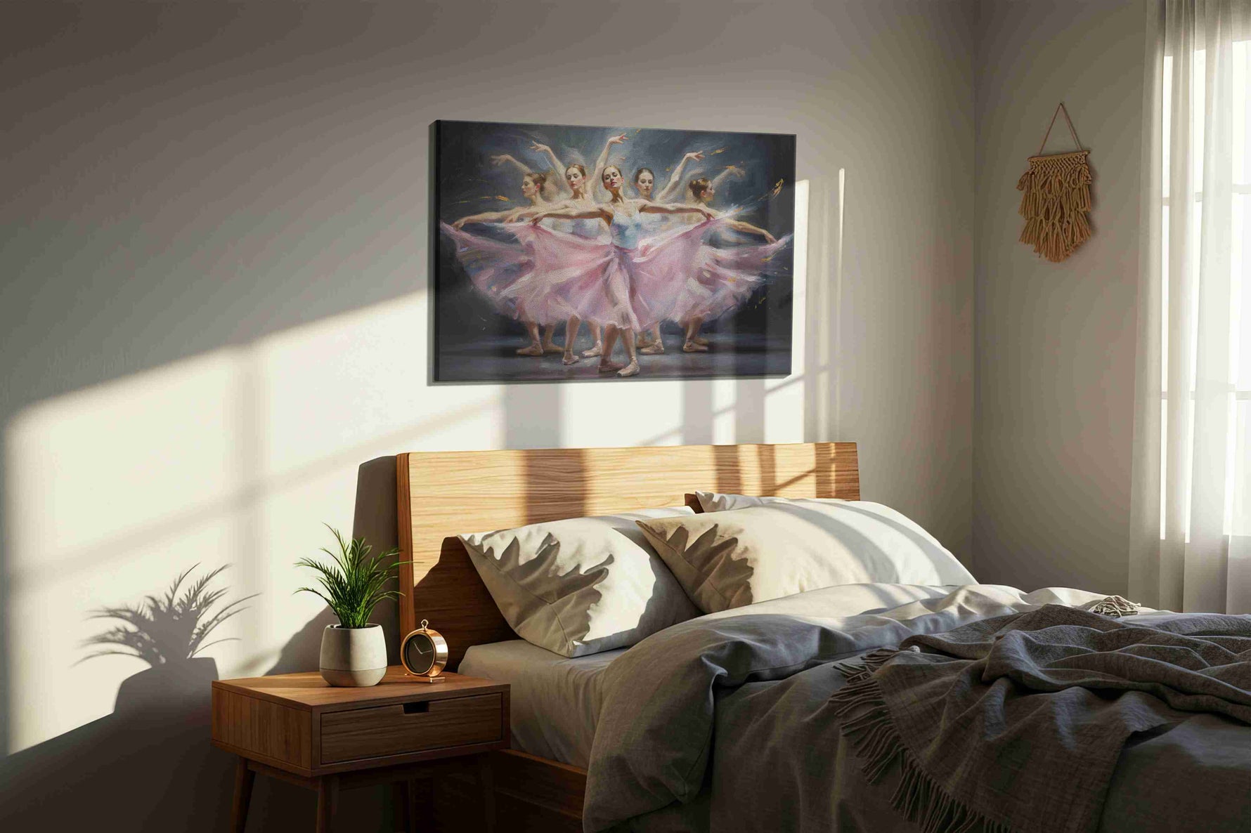 Ethereal Ballet Reverie dancing canvas print, displayed in a bedroom