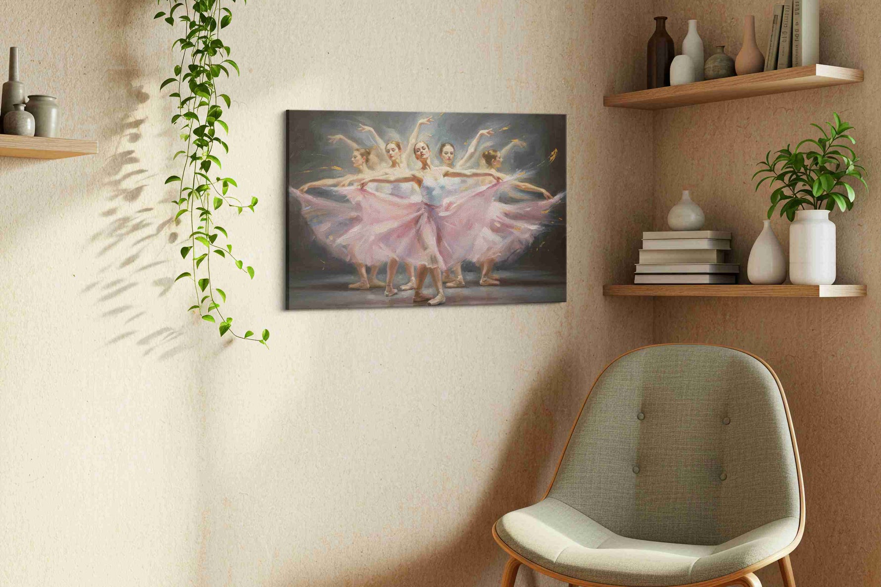 Ethereal Ballet Reverie dancing canvas print, displayed in a living room