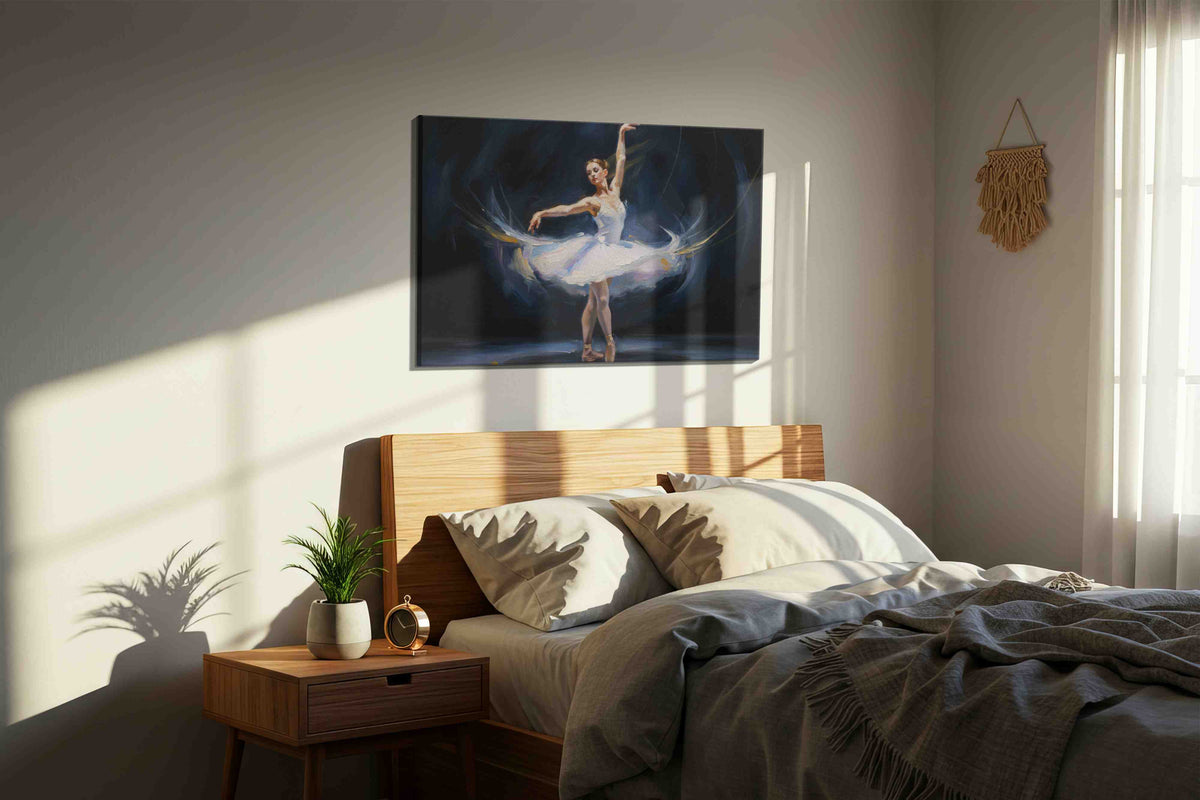 Ethereal Ballet Reverie II dancing canvas print, displayed in a bedroom