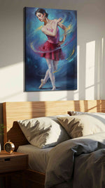 Ethereal Ballet Whirl dancing canvas print, displayed in a bedroom
