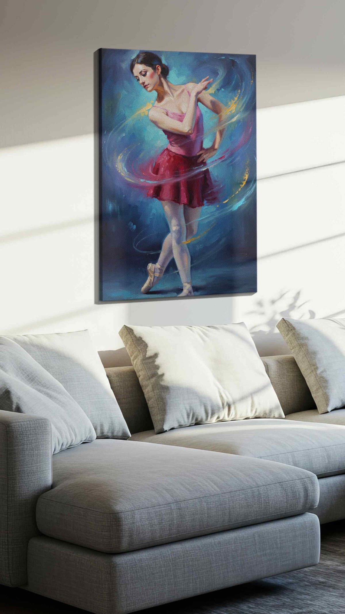 Ethereal Ballet Whirl dancing canvas print, displayed in a living room