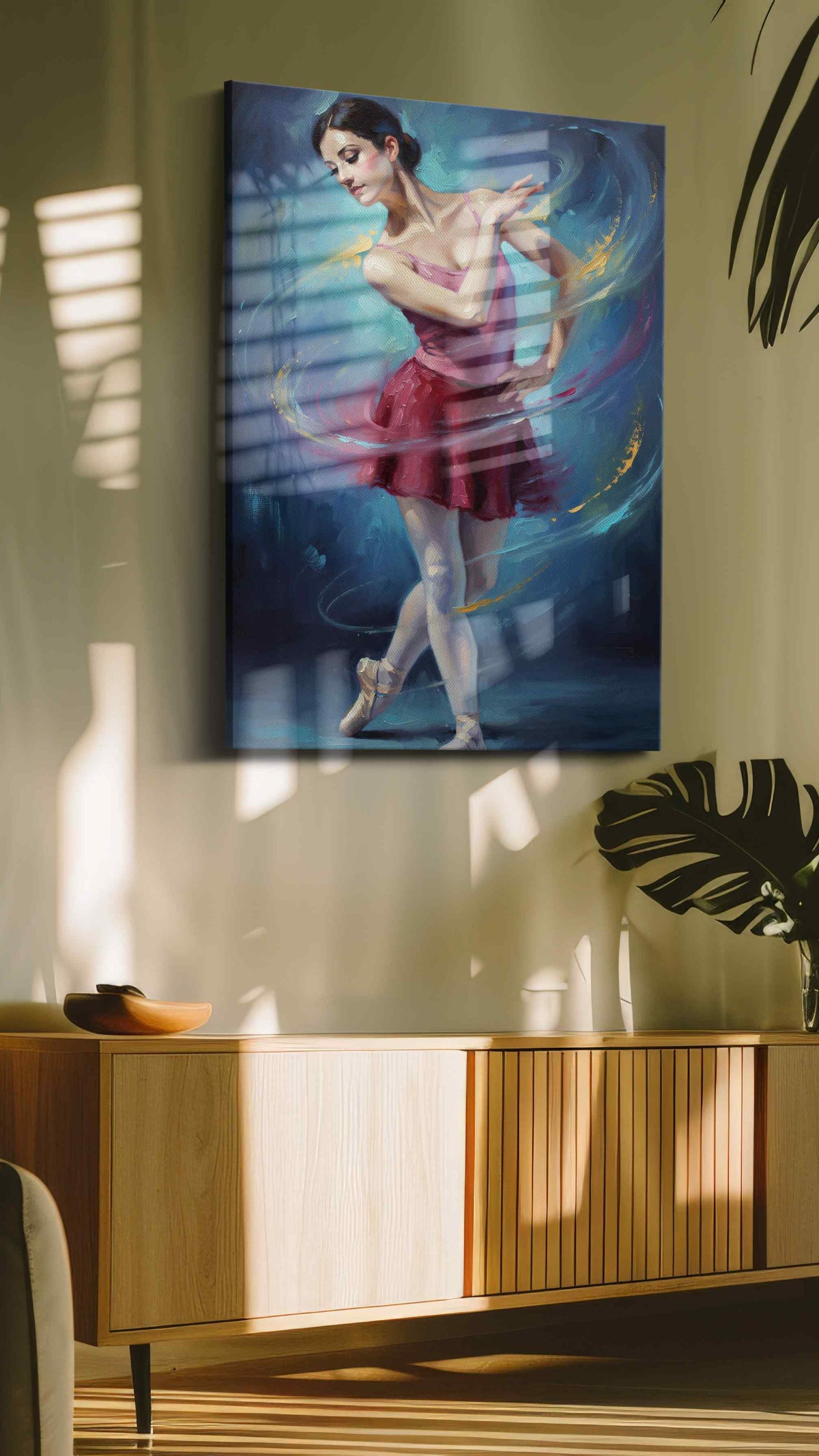 Ethereal Ballet Whirl dancing canvas print in a contemporary interior mockup