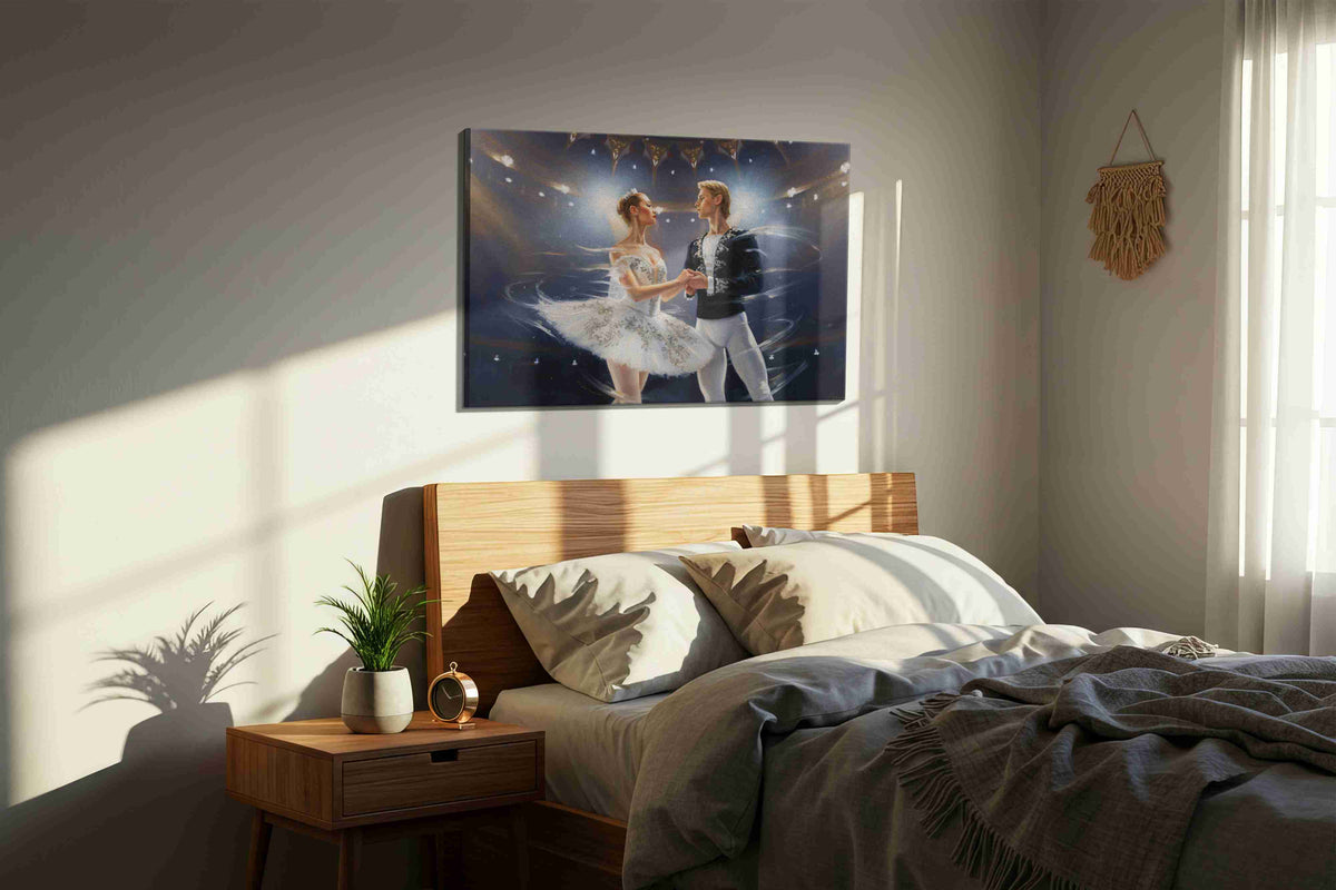 Ethereal Ballet en Lumi??re dancing canvas print, displayed in a bedroom