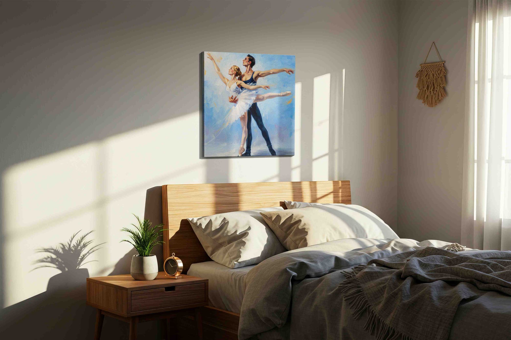 Ethereal Dance in Blue dancing canvas print, displayed in a bedroom
