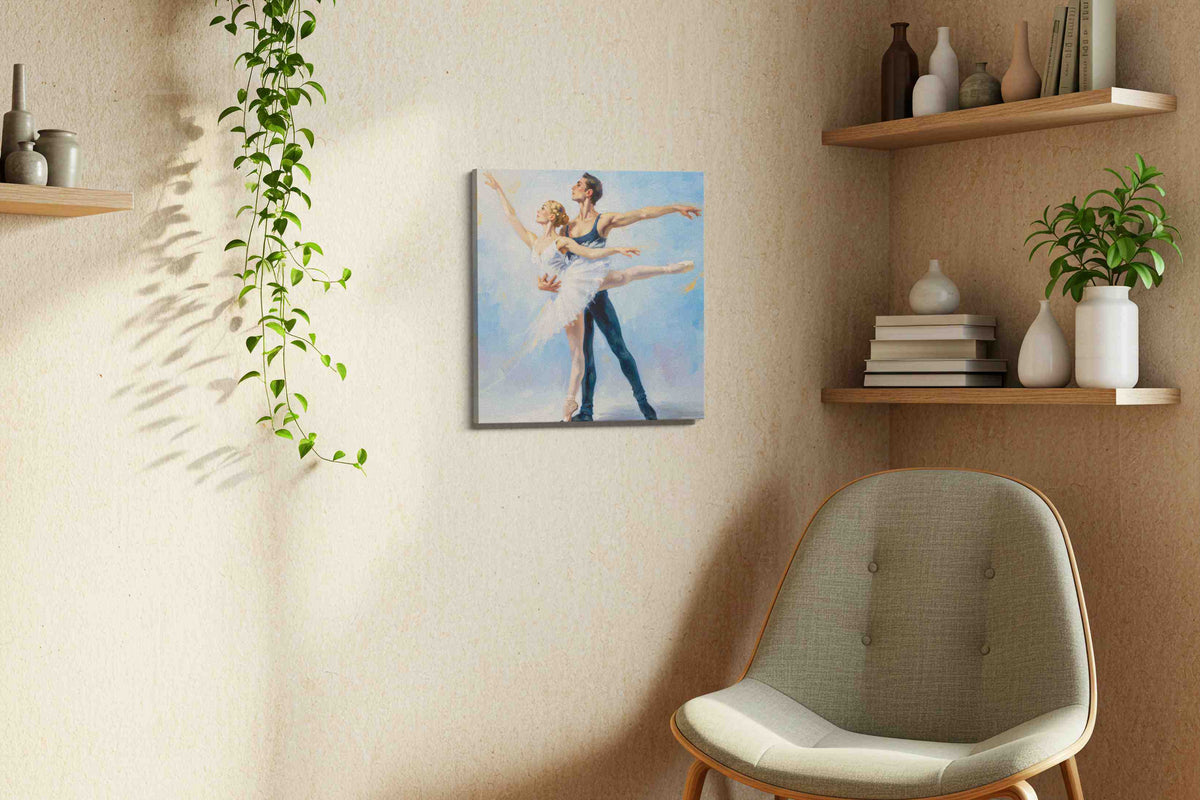 Ethereal Dance in Blue dancing canvas print styled in a living room