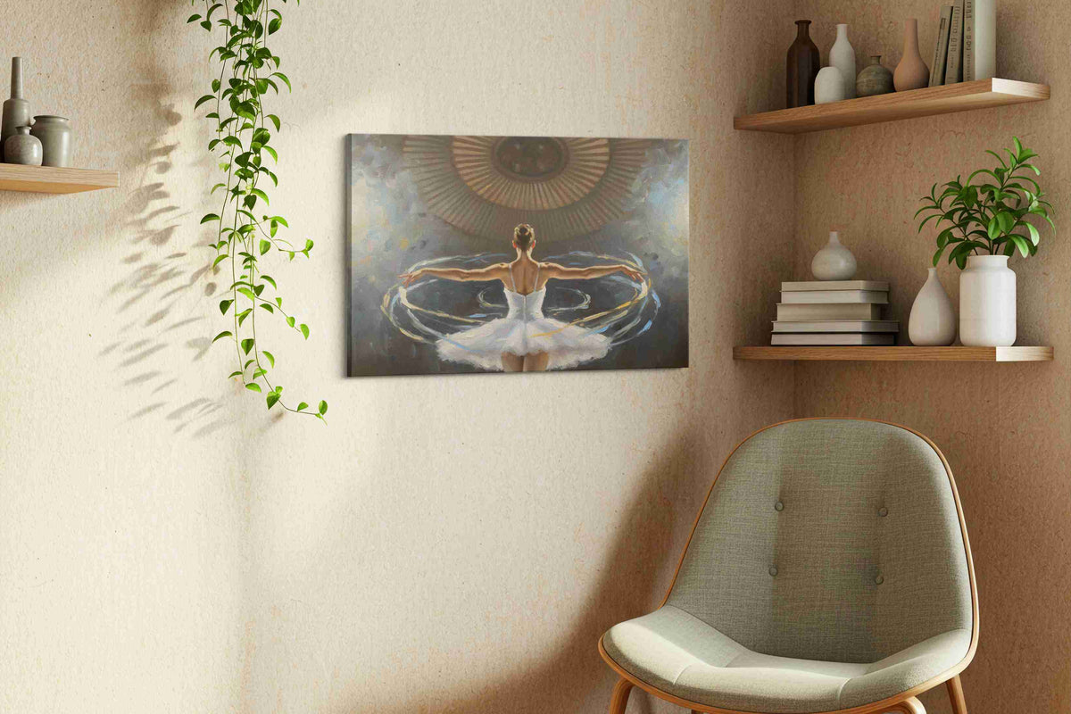 Ethereal Dance of Light dancing canvas print, displayed in a living room