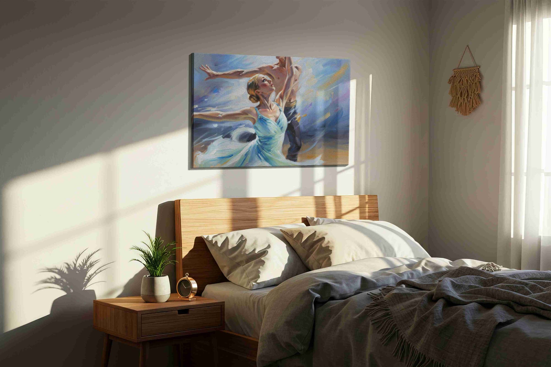 Ethereal Dance of Light II dancing canvas print, displayed in a bedroom